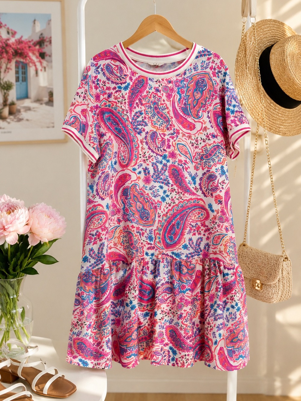 Y&J pink blue paisley print drop waist mini dress size M